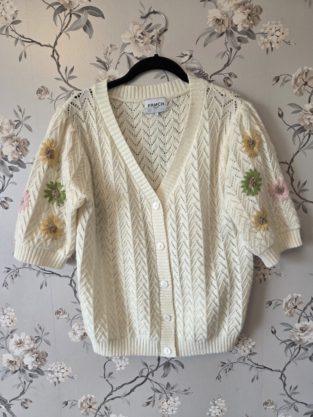 FRNCH Paris | Cream Floral Embroidered Cardigan | Size L